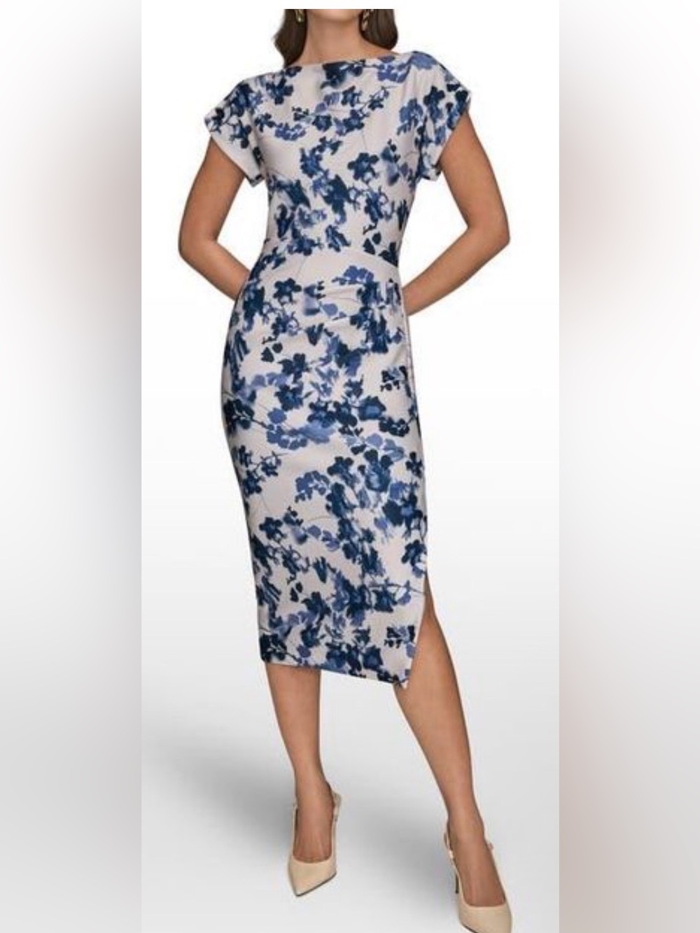 Donna Karan Floral Print Scuba Round Neck Short Sleeve Sheath Midi Dress. Sz 6.
